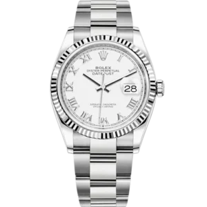 Rolex Datejust Ref. 126234 36mm White Gold Oyster Bracelet White Roman Dial Fluted Bezel
