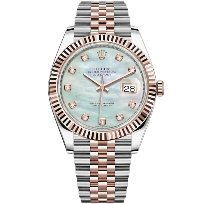Datejust 41 41mm Jubilee Bracelet Oystersteel and Everose Gold with White Mother-Of-Pearl Diamond-Set Dial Fluted Bezel
